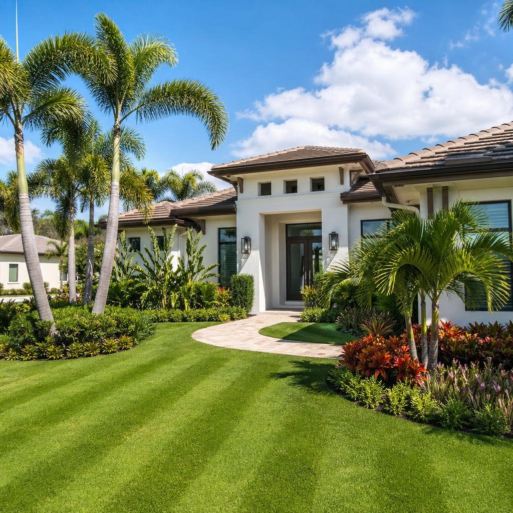 South Florida manicured lawn with palm trees