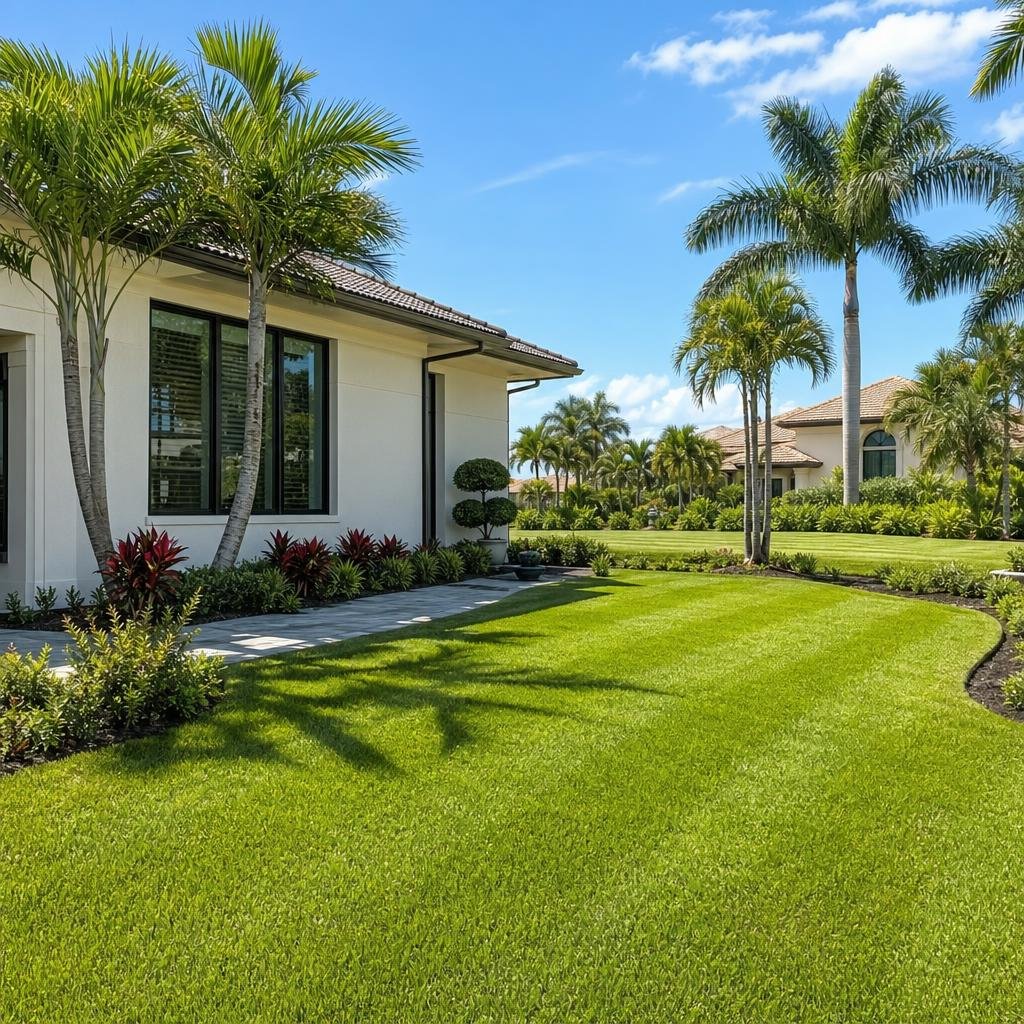 Palm-lined residential lawn with crisp edging