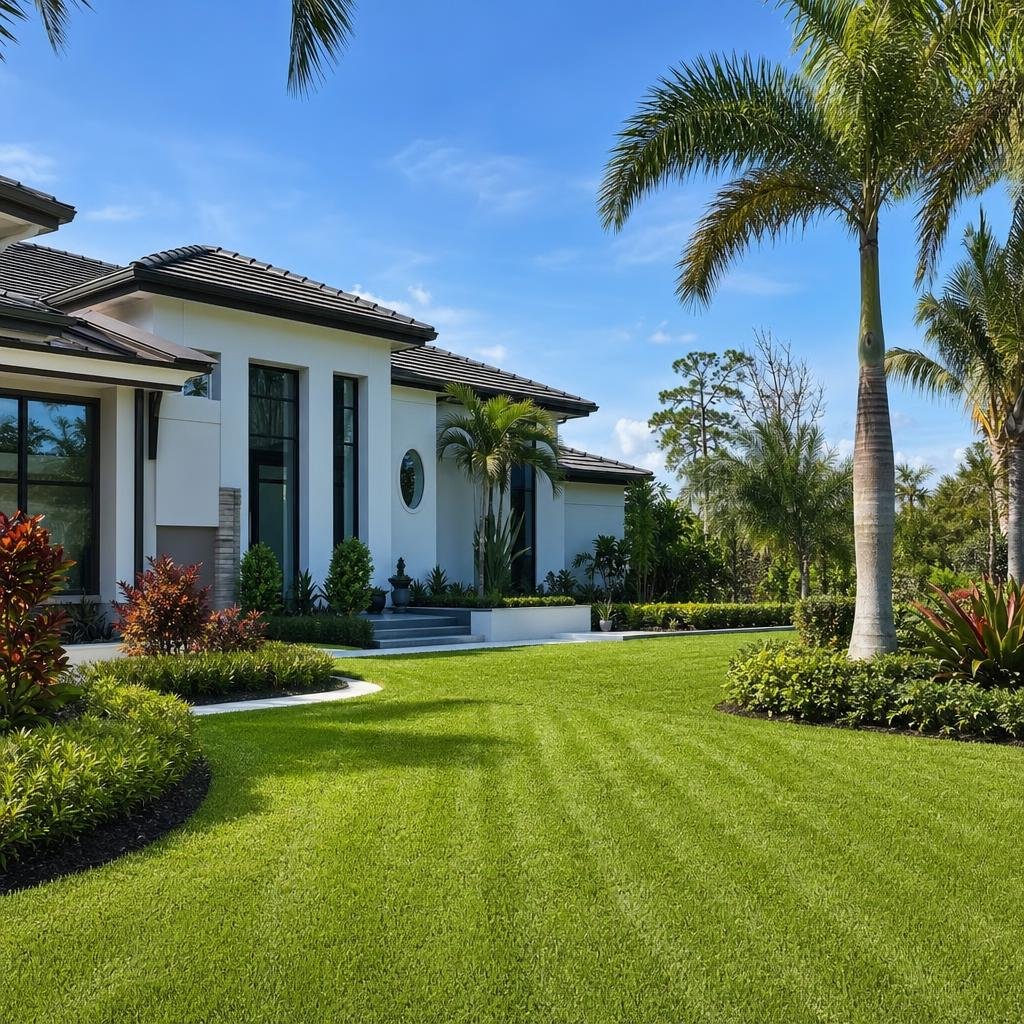 Tropical landscaped lawn with striped grass