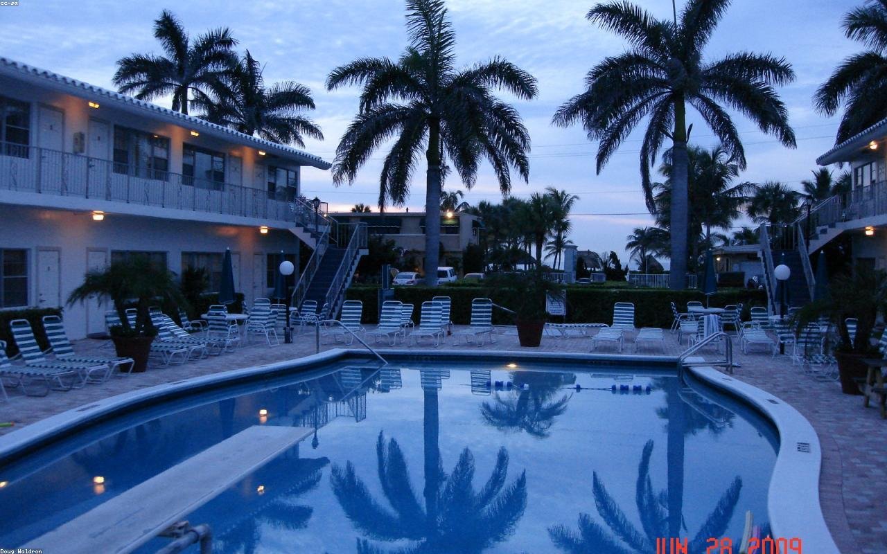 Evening pool deck with tropical landscaping